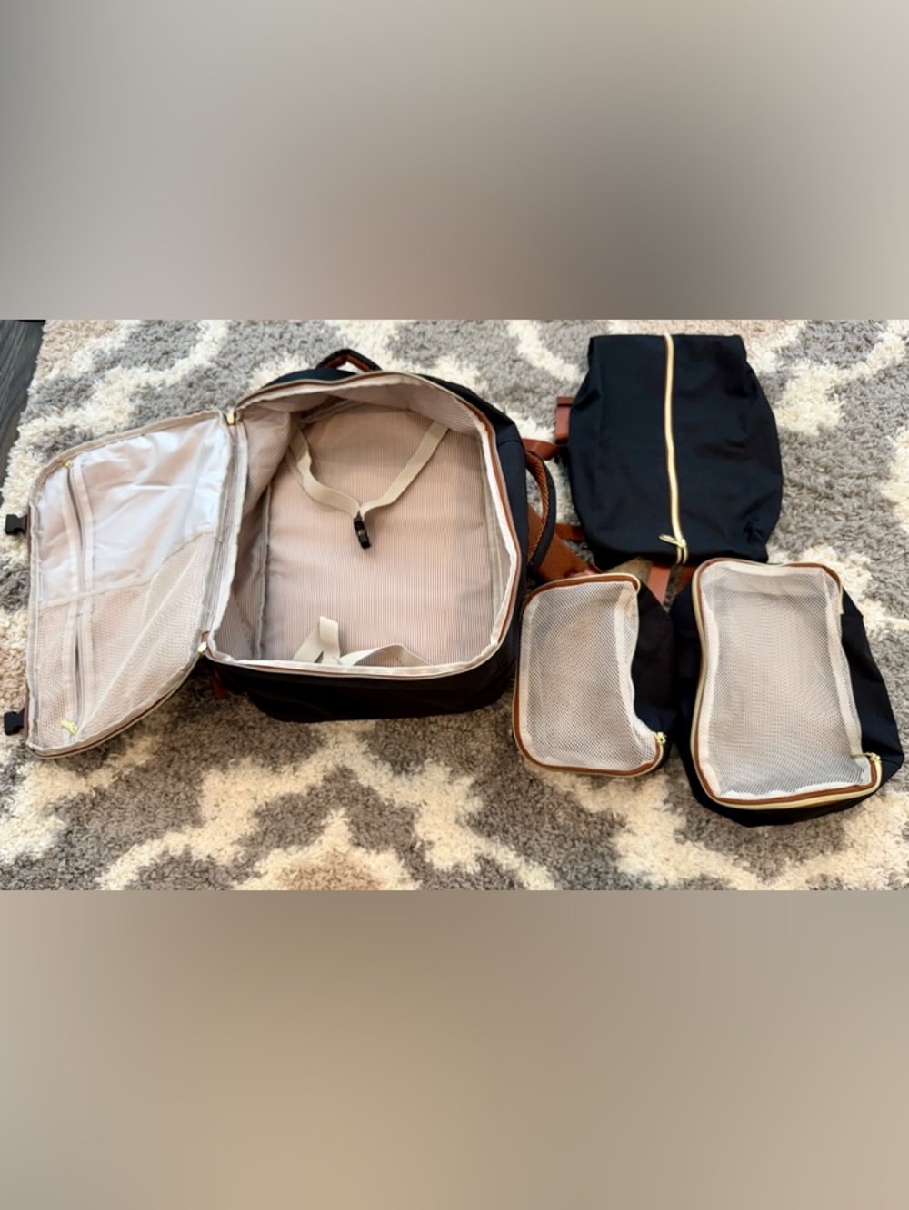Black and White Travel Backpack with Brown Trim - Premium Organizer - Picture 6 of 7